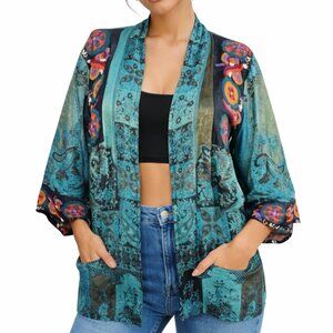 Soft Surroundings Kimono Jacket M Teal Boho Rayon Silk Open Front Festival Artsy